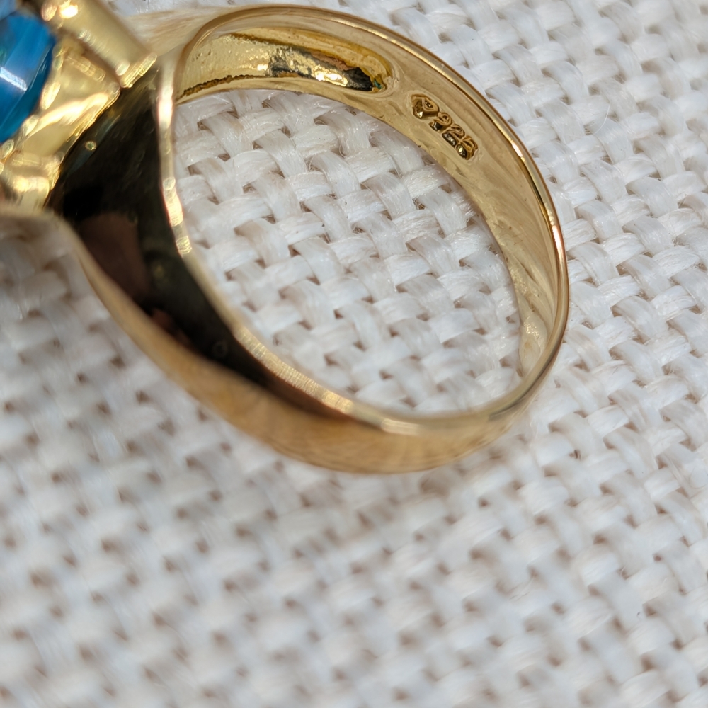 Vintage 925 Sterling Silver Gold Vermeil Statement Ring Faceted Blue Stone Sz 6 - Picture 16 of 16